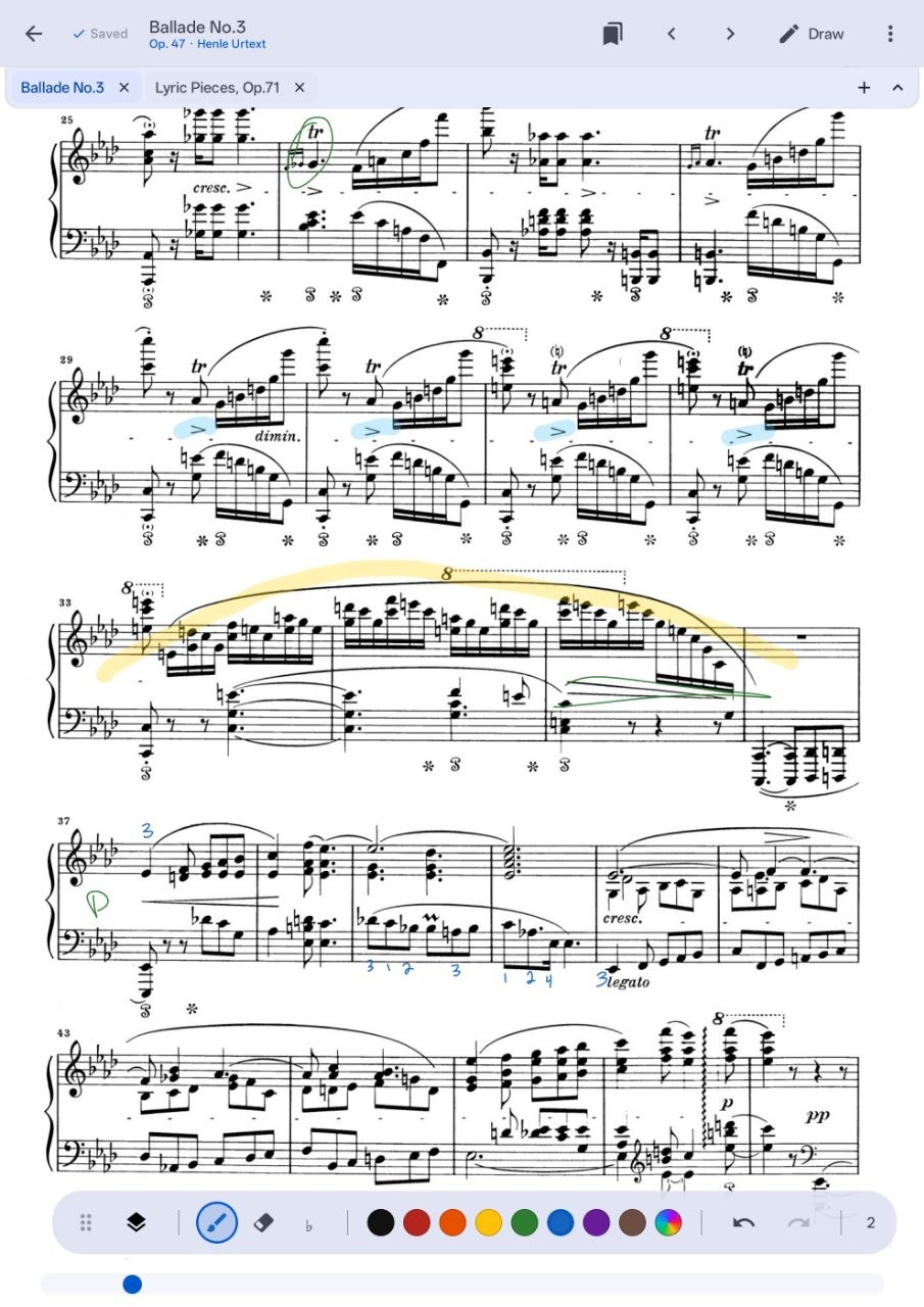 Annotated Ballade No. 3 score in the Partita reader with handwritten marks and the annotation toolbar visible