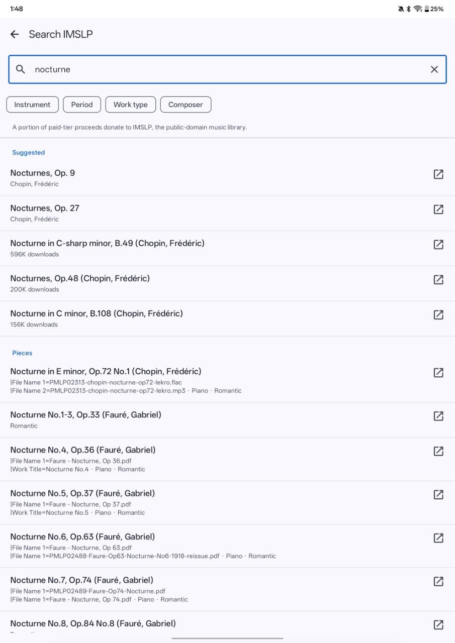 Partita IMSLP search results for nocturnes, with filters and suggested works
