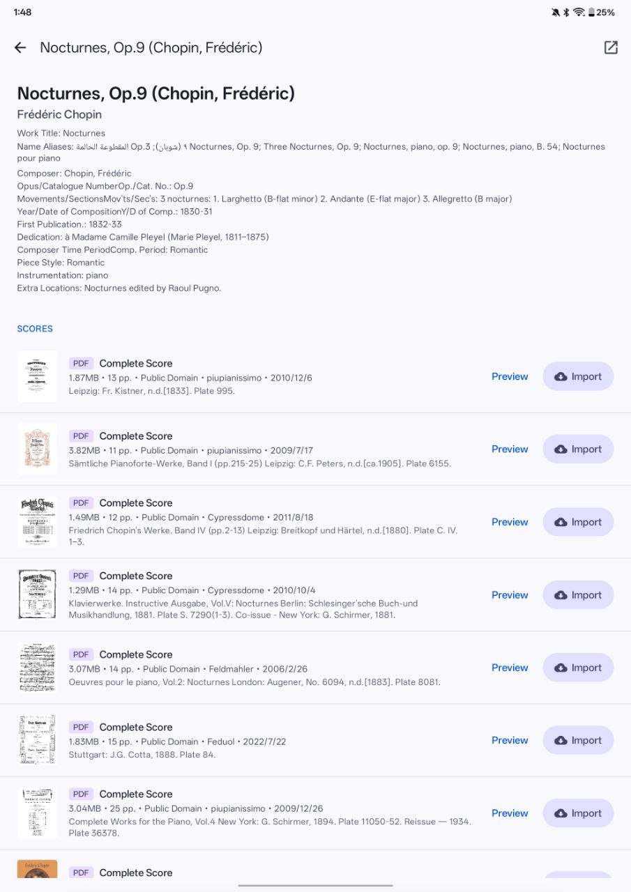 Partita IMSLP work page for Chopin Nocturnes showing available public-domain scores and import buttons