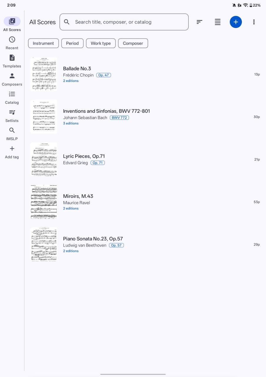 Partita All Scores library showing a searchable list of piano repertoire with composer and catalog information