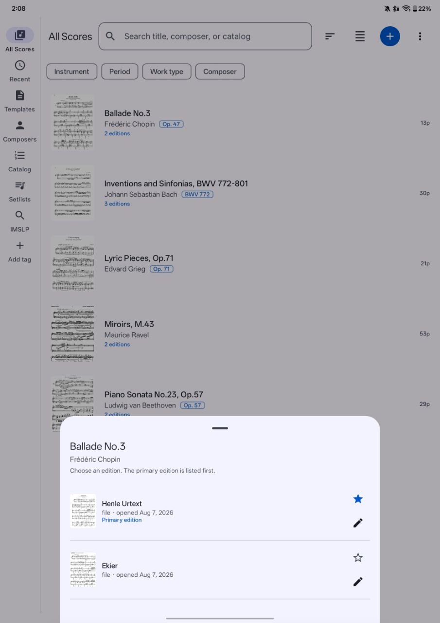 Partita edition picker showing two editions of Chopin Ballade No. 3