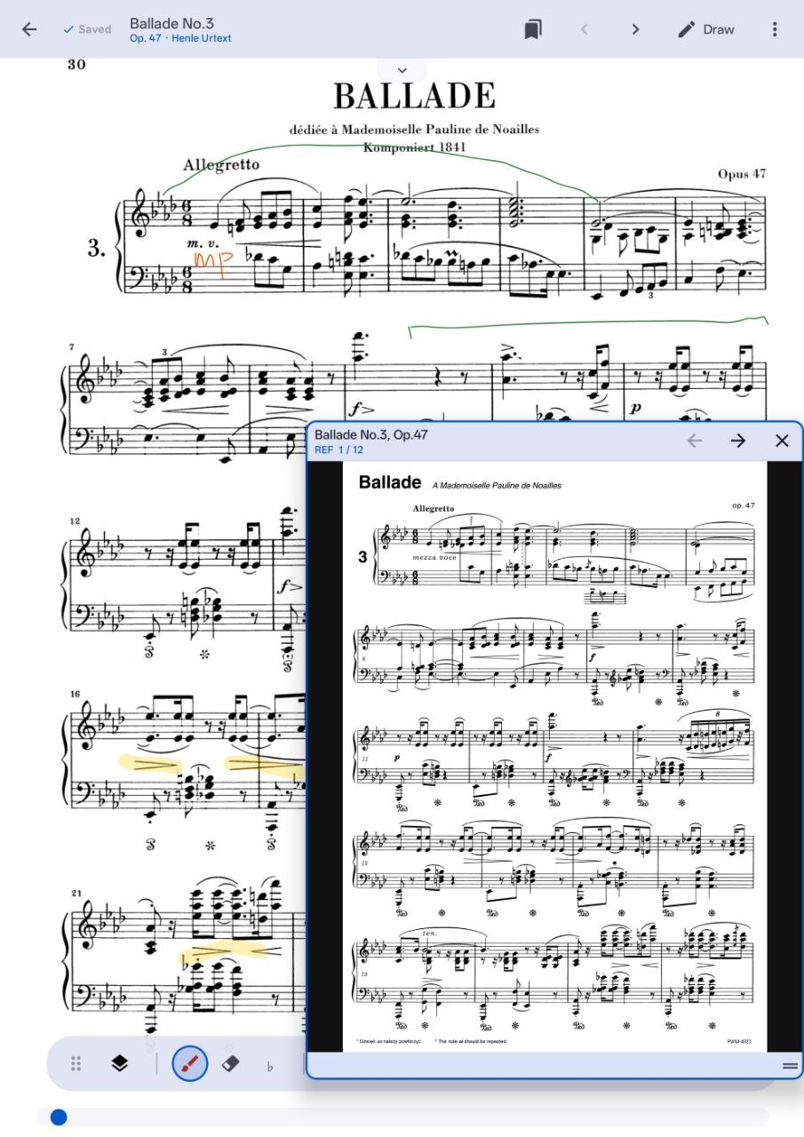 Partita reference score window opened over an annotated Ballade score